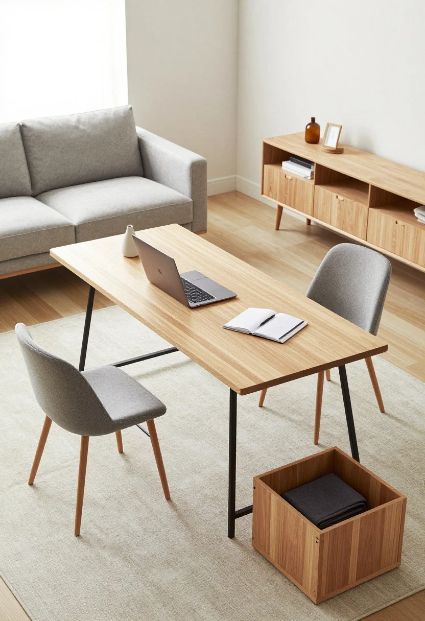 Overhead detail shot: Multipurpose furniture vignette centered on a drop-leaf table used as a solo desk—laptop, notepad, and a small vase—flanked by two counter-height stools that tuck under a slim console behind a sofa. Nearby, nesting coffee tables partially pulled apart over a light rug, and a storage ottoman open to reveal neatly folded throws. Materials emphasize lighter legs in thin black metal and tapered wood for an airy feel. Bright ambient light, tidy composition, photorealistic.