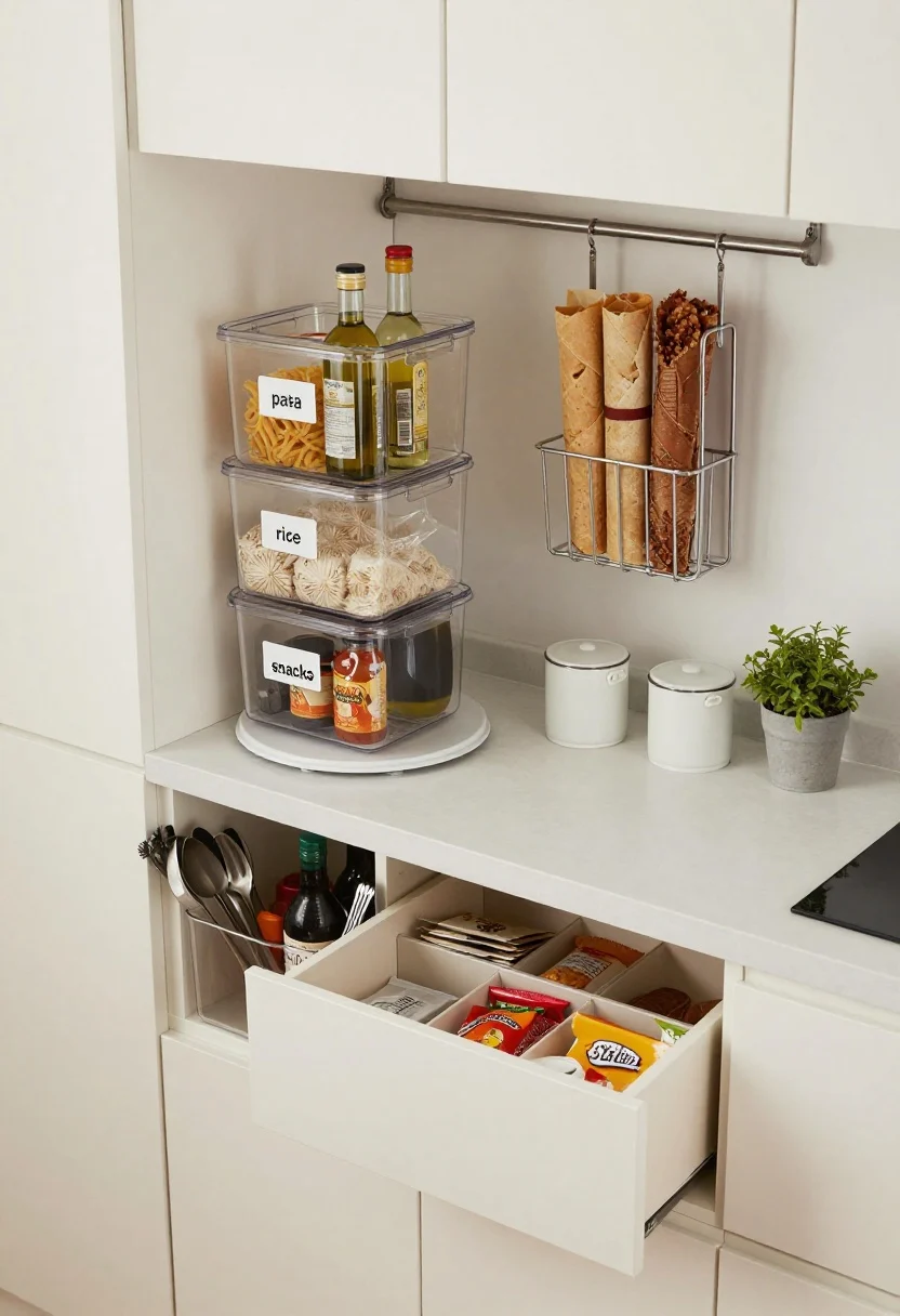 Overhead detail shot of a compact kitchen organization vignette: clear stackable bins in two uniform sizes, each front-labeled (pasta, rice, snacks) for clean typography; a turntable in the corner organizing oils and sauces; a cabinet door ajar revealing a slim door-mounted rack holding wraps and spices; a drawer below with expandable dividers creating tidy “stalls” for utensils and snack packs; on the countertop only three items: a single sleek ceramic canister, one compact daily-use appliance, and a small potted herb; bright, even task lighting for a boutique-cafe calm.