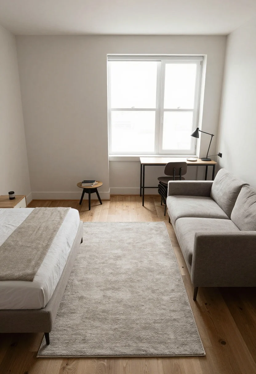 Overhead diagram-style photoreal view of a 350–500 sq ft studio: distinct micro-zones carved by rugs and lighting—bed against the far wall with low-profile nightstand and wall sconces; sofa floating mid-room facing a media console on a 5’x8’ rug; a 30-inch round dining table with two stackable chairs tucked by the window; a wall-mounted desk with a slim task lamp near the entry; a 3’x5’ rug by the bed; bed and sofa oriented perpendicular; cohesive “siblings not twins” rug palette in muted neutrals; bright daylight streaming from window.