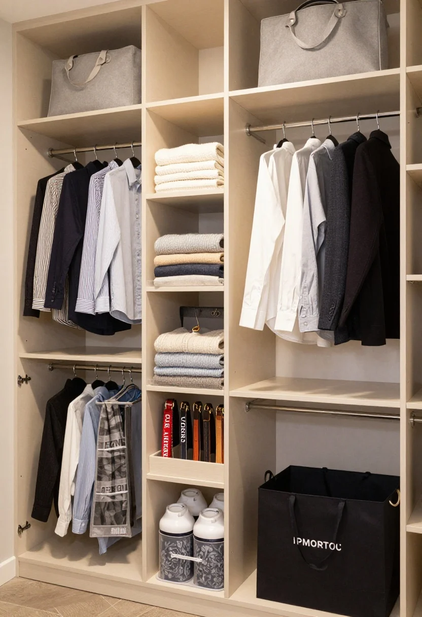 Photorealistic closeup/medium interior of a closet showing space-maximizing upgrades: dual hanging rods with shirts and skirts, slim velvet hangers in charcoal gaining space, clear shelf dividers corralling sweater stacks and handbags, over-the-door shoe sleeves repurposed for scarves, belts, and clutches, and pull-out floor bins labeled for gym gear and laundry supplies; include under-shelf hooks holding totes; neutral palette, bright closet lighting, tidy color-coded arrangement
