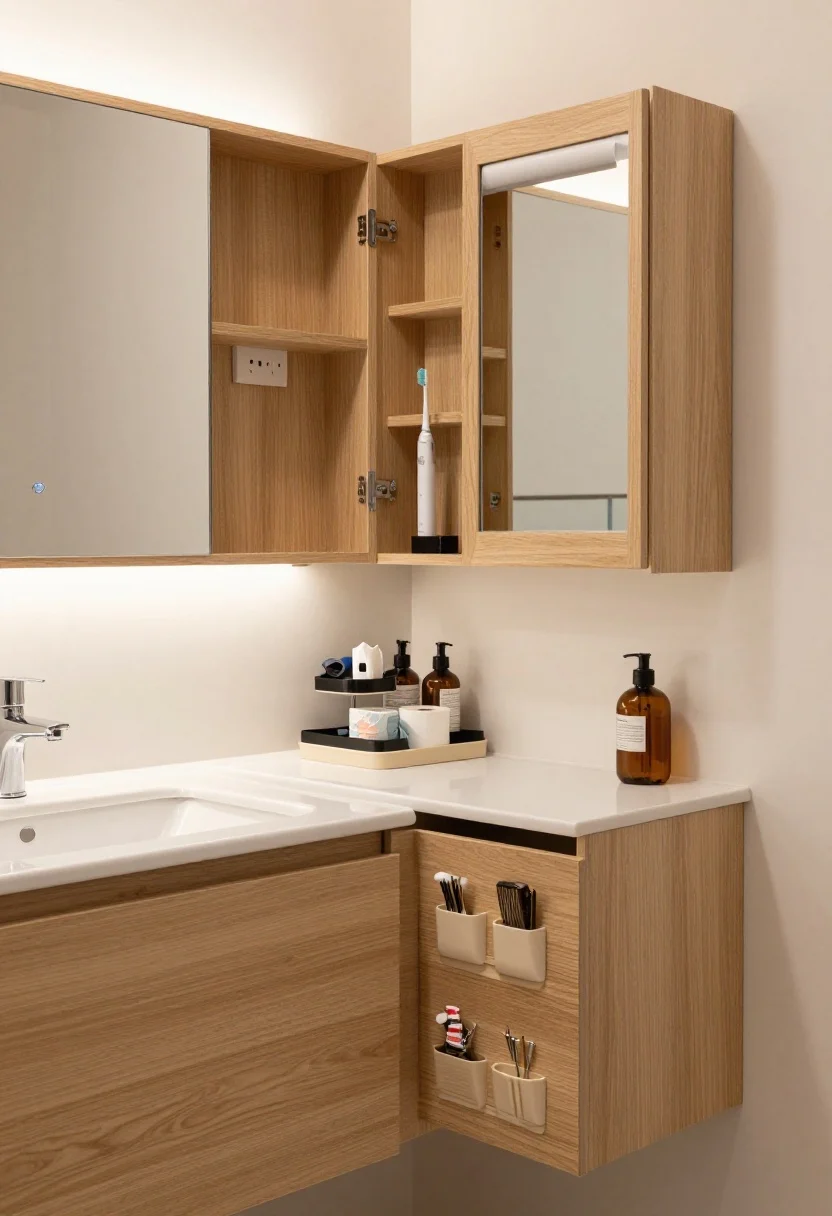 Photorealistic medium shot of a compact bathroom with spa-like calm: over-toilet cabinet and a recessed mirror cabinet with door open to reveal internal outlet charging an electric toothbrush and razor; floating vanity with deep drawers organized with tiered trays for paper goods and backups, adhesive caddies inside a door for hair tools, and a magnetic strip catching tweezers and bobby pins; matching decanted bottles on counter, soft white and light oak finishes, diffused warm lighting