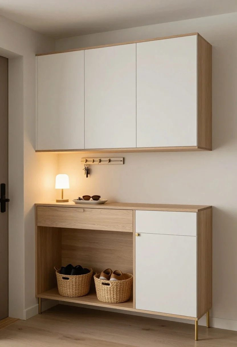 Photorealistic medium shot of a modern apartment entryway styled as a slim command center: a 4–6 inch deep floating wall-mounted console with a single drawer, a shallow ceramic tray holding keys and sunglasses, and a petite table lamp casting warm ambient glow; below, a lidded woven basket for gym shoes; a closed-door slender flip-down shoe cabinet nearby that reads like a minimal sideboard; above the console, a low-profile magnetic mail rail keeping envelopes vertical; muted palette with light oak wood, matte white cabinet fronts, and soft brass hardware; clean walls, no people, straight-on angle emphasizing hidden storage and calm mood.