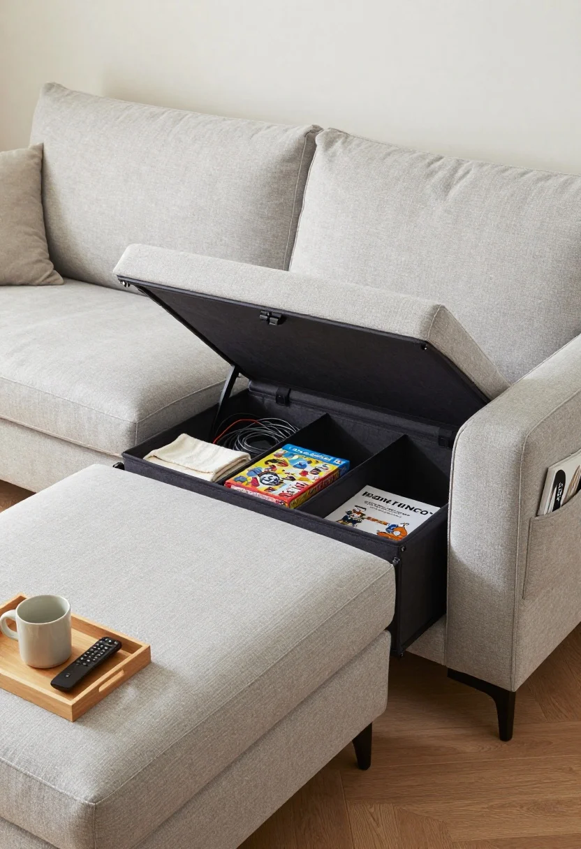 Photorealistic medium shot of a modern living room sofa with a lift-up chaise open to reveal neatly arranged soft bins dividing tech cables, folded blankets, and board games; include an ottoman with a trunk-style lid flipped to a wood tray holding a ceramic mug and remote, and slim armrest pockets with magazines and remotes; neutral palette with a sleek, streamlined exterior: light gray linen upholstery, matte black gas-lift hinges visible, warm oak floors, soft natural afternoon light and minimal visual noise