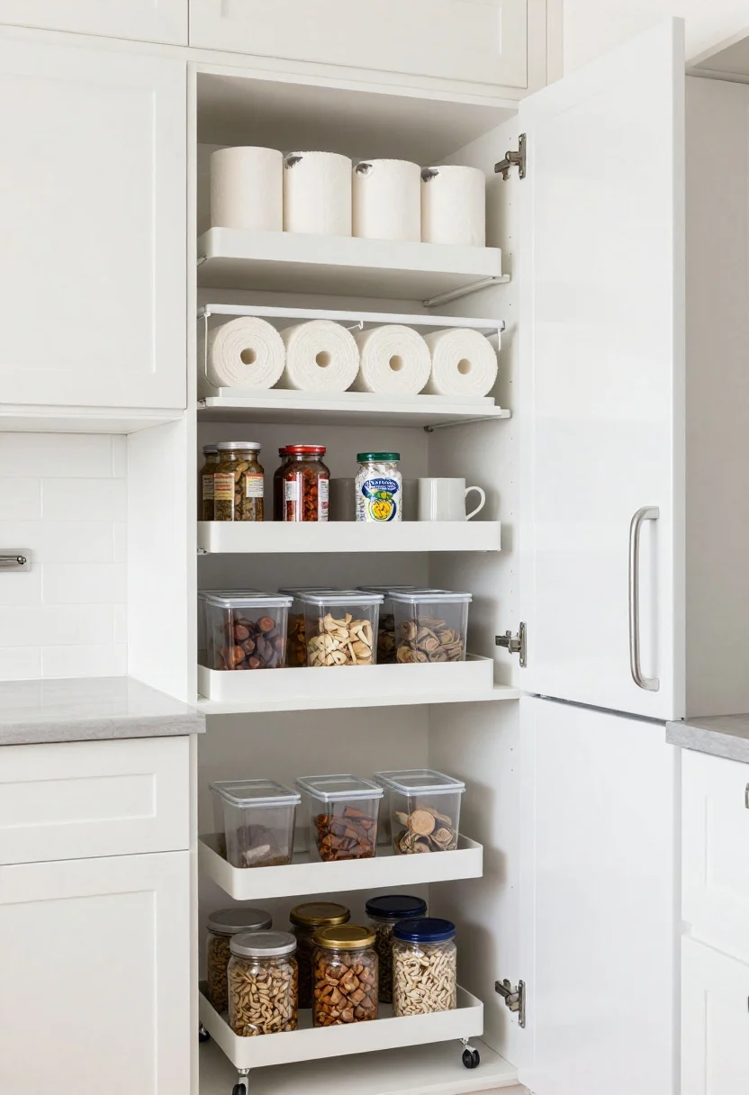 Photorealistic overhead/angled kitchen vignette focusing on vertical and inside-cabinet storage: white rental-friendly kitchen with over-cabinet baskets holding paper towels, cabinet door racks for spices and foil, an undershelf basket doubling mug storage, a magnetic knife strip on a white tile backsplash, and a slim rolling pantry cart tucked between the fridge and wall; clear, stackable containers with decanted pantry staples on an open shelf; bright, even daylight, clean and compact layout
