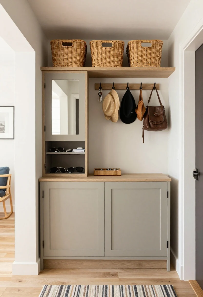 Photorealistic straight-on medium shot of a small entryway transformed into a command center: a shallow console with doors (matte sage or light oak) hiding clutter, floating shelf above with matching woven baskets, slim 10-inch-deep shoe cabinet resembling decor, mirror with hidden cubbies ajar showing keys and sunglasses, and an over-the-door rack with uniform hooks holding hats and bags; cohesive baskets, small key tray, striped runner on light wood floors, soft ambient lighting