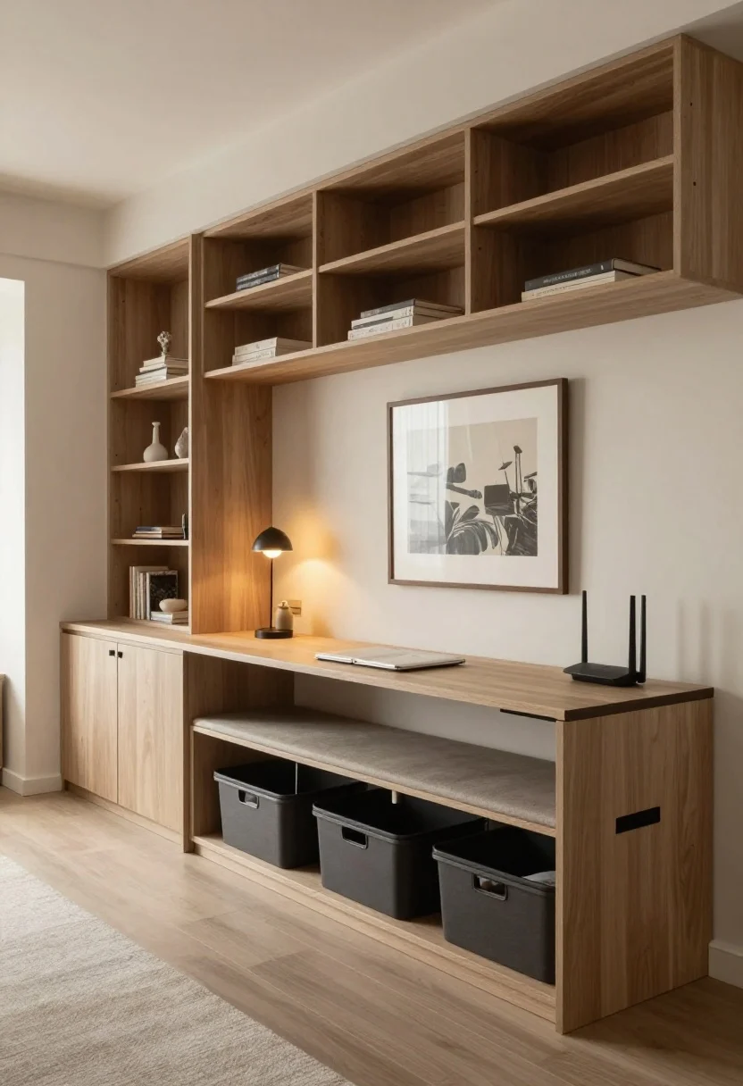 Photorealistic wide corner shot of a living/dining multifunction zone using walls and secret storage: built-in-look bookcases with styled open shelves up top and closed base cabinets below, a wall-mounted desk with a flip-down front closed to conceal WFH clutter, a large framed artwork on a hinge slightly ajar to hide a router, a cozy banquette with lift-up seats and labeled bins, and a drop-leaf table with a hidden drawer; add subtle wall sconces and a picture light that draw the eye to styled areas while hidden storage blends in; neutral tones, soft evening ambient lighting with warm highlights