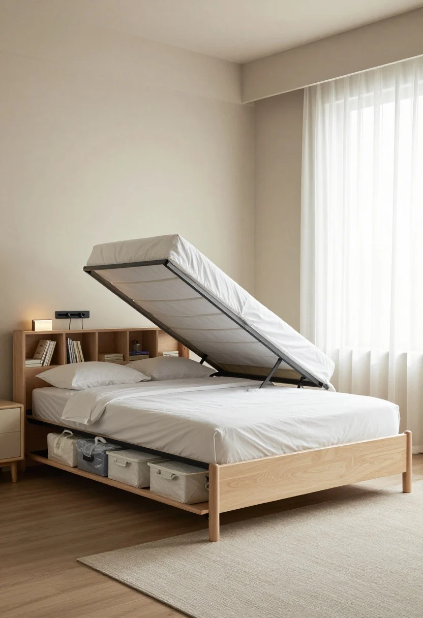 Photorealistic wide shot of a small bedroom featuring a lift-up storage bed raised to show vacuum-sealed valet bags and low-profile wheeled bins under the mattress; include a headboard with cubbies holding a few books, a clip-on light, and a hidden charging strip with discreet cable management; calm, tailored look with a clean bed skirt hiding storage, crisp white bedding, light wood frame, muted taupe walls, soft morning light filtering through sheer curtains