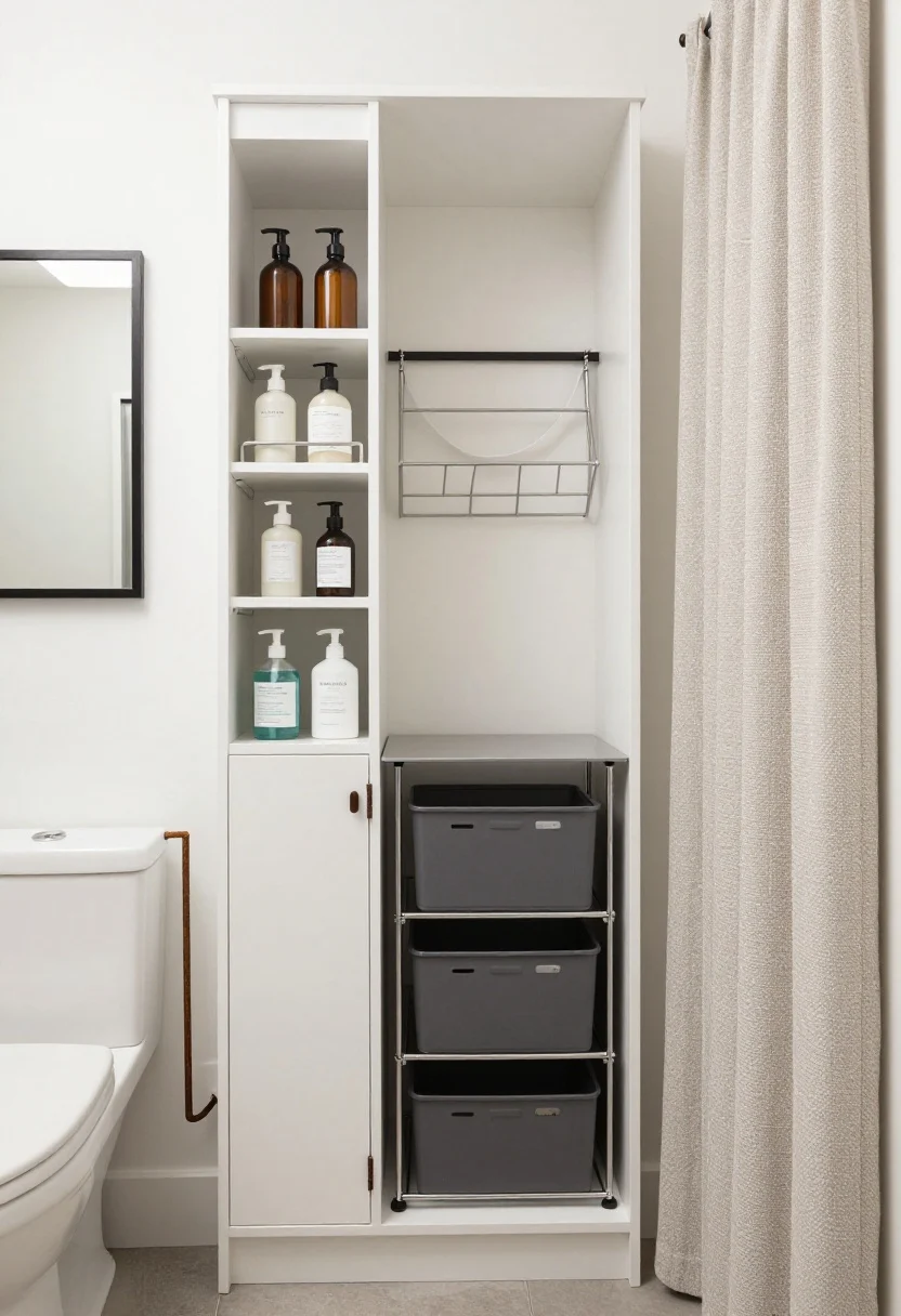 Split-scene medium shot of bathroom and utility corner that don’t scream storage: in the bathroom, a narrow over-the-toilet shelving unit with at least one closed-door cabinet for backup toiletries; on a slim tray, uniform pump bottles for shampoo and body wash; vanity drawer open to reveal shallow organizers sorted by dental, daily skincare, and backups; a rust-proof tension pole caddy in the shower keeping bottles off the floor. Adjacent utility nook: a slim metal rack with closed-lid bins labeled discreetly under the lip (cleaning, tools, pet); a fold-flat wall-mounted drying rack collapsed; a vertical laundry tower with stacked baskets for lights/darks/delicates; optional floor-length textured neutral curtain on a tension rod partly drawn to conceal the nook; clean, bright lighting, neutral tones, straight-on framing.