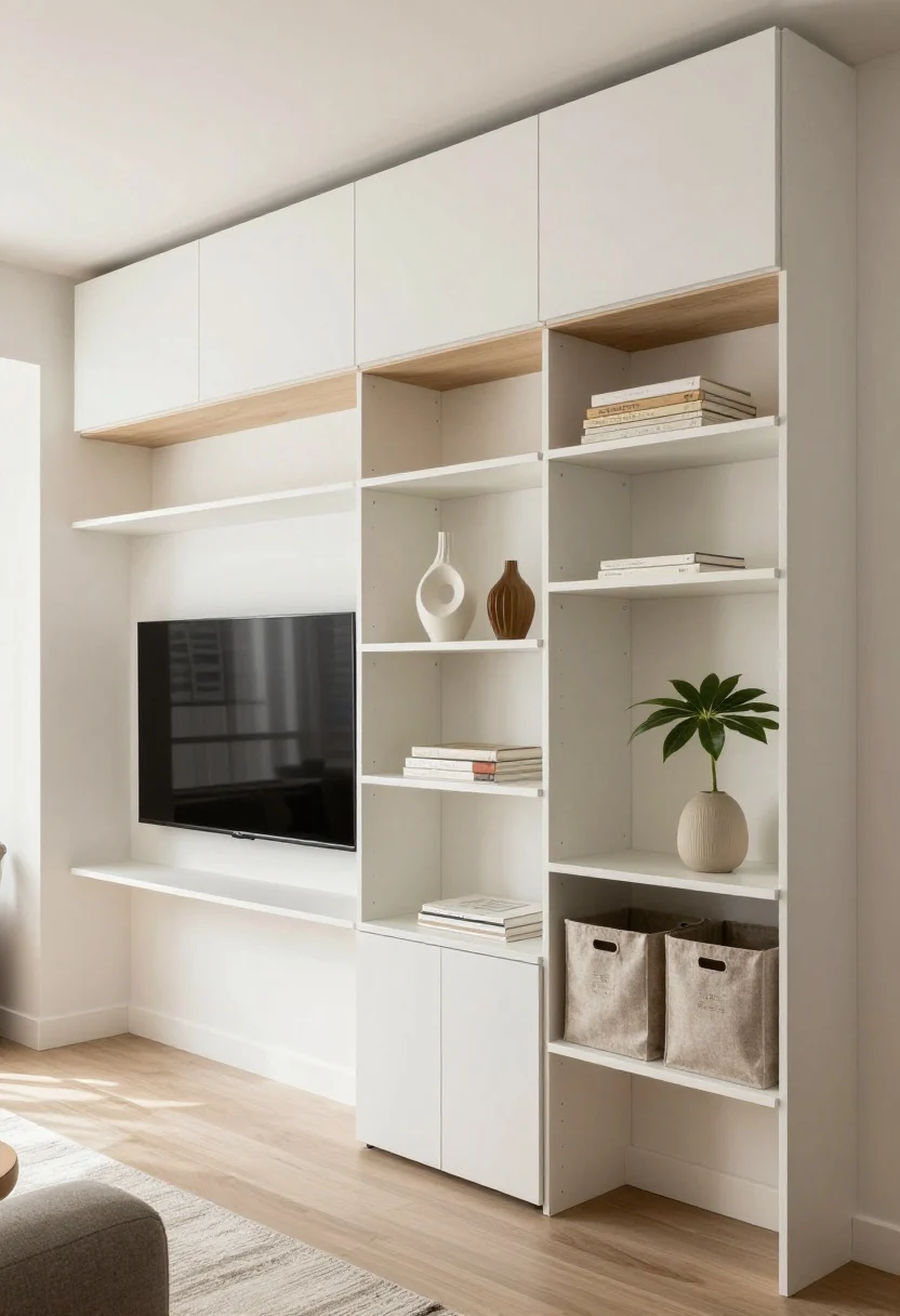 Wide-angle room shot showing vertical storage that disappears: a wall-to-ceiling track shelving system with adjustable shelves in matte white and light oak, top third closed with flat-panel doors, middle section open for curated styling (3-5 objects, sculptural vase, a few stacked books, a plant), lower section mixed; two tall, slim wardrobes flanking a wall-mounted TV to create symmetry, concealing tech clutter; an over-door shelf above a doorway with neatly labeled neutral fabric bins; natural daylight from the side for bright, airy height emphasis; corner perspective to draw the eye upward; 70% closed, 30% open ratio visible.
