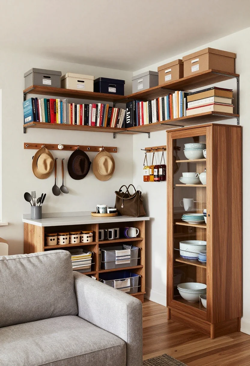 Wide corner angle: Vertical storage takeover in a studio—ceiling-high shelves mounted with a 12–15 inch gap from the ceiling, neatly labeled boxes and books up top; a peg rail with hats and bags forming an entryway moment; a kitchen rail system holding utensils, spice racks, and mugs; over-door slim baskets storing linens; and a tall cabinet with glass uppers showcasing curated dishware. Balance provided by a low-slung sofa. Even daylight with gentle shadows, organized and spacious mood, photorealistic.