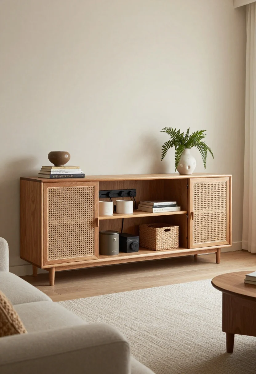 Wide living room shot emphasizing “display less, style better”: a closed media console with cane-front doors in warm natural wood concealing devices, a mounted power strip hidden under the console (cords routed through adhesive raceways and velcro-tied, not visible); inside the console, labeled boxes and baskets peek through an open door; adjacent open shelving follows the 3-5 objects per shelf rule—stacked art books, a sculptural ceramic piece, a trailing plant with generous negative space; a large neutral rug extending under the front legs of sofa and chairs for visual containment; soft afternoon light, calm, sophisticated mood; slightly angled perspective.
