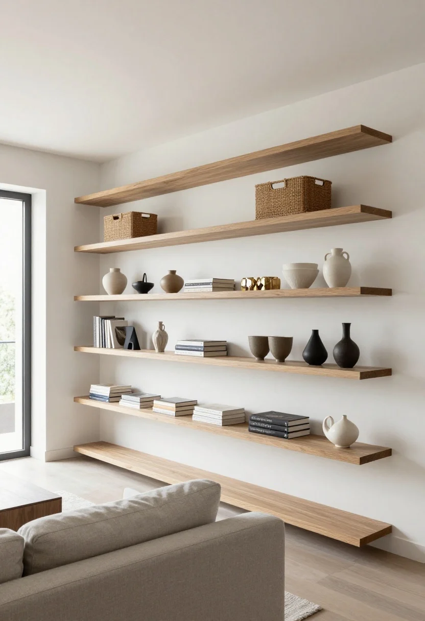 Wide shot: A living room with sky-high shelving that frames the space—ceiling-height, color-matched to soft white walls for a sleek look, floating shelves 10–12 inches deep above a low media console and sofa arm, an L-shaped wrap-around corner shelf creating a custom built-in vibe, a mixed arrangement of closed baskets for “not-cute” items and open styled stacks of art books and ceramics for display; TV flanked by two narrow tower shelves with a slim shelf “bridge” overhead; natural oak textures, matte black bookends, minimal styling for a luxe feel; soft daylight from a side window, clean lines, no visible clutter.