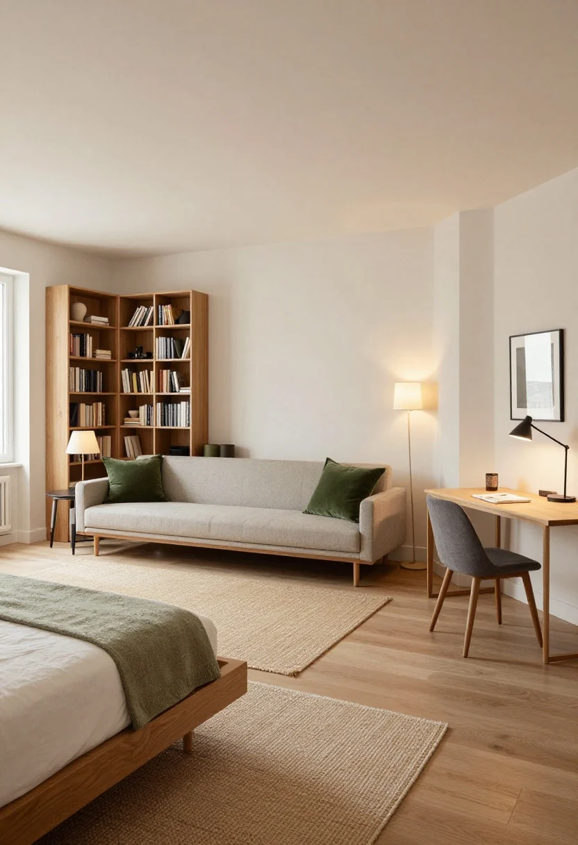 Wide shot: A studio apartment expertly zoned without walls, showing a sleeping area with a plush 5x7 rug under a low platform bed, a living zone with a flat-woven 6x9 rug and a slim sofa floated to subtly gate the space, a compact desk nook, and a small dining corner. An open bookcase room divider with slatted sides keeps sightlines open. Clustered lighting: a table lamp by the lounge, a wall sconce as bedside light, and a task lamp at the desk. A cohesive forest green color thread appears in pillows, a throw, and small accessories. Natural daylight, warm and calm mood, straight-on angle, photorealistic.