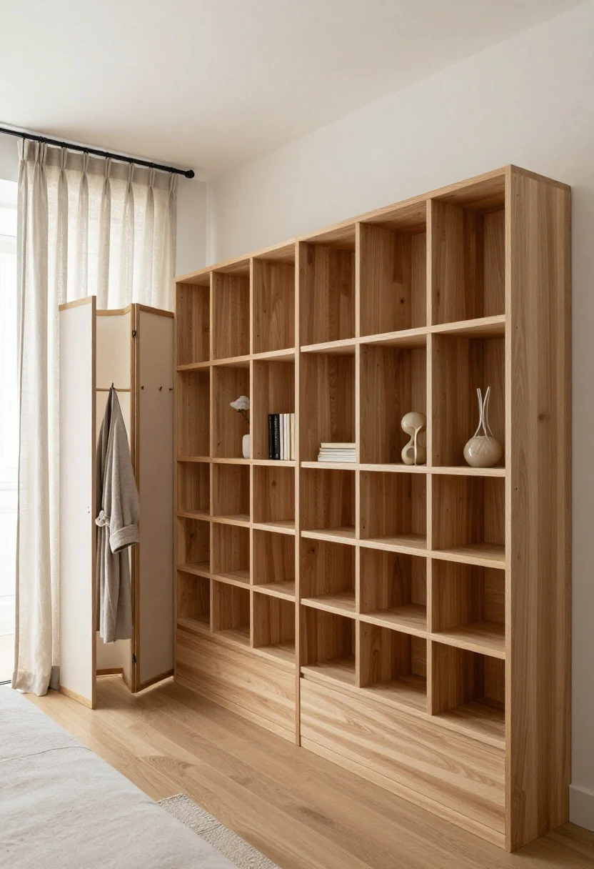 Wide shot, diagonal perspective: Purposeful room division—an open backless 72-inch bookcase placed between bed and lounge, styled on both sides to let light pass; a storage headboard creates a defined “bedroom” feel without blocking windows; ceiling-mounted track curtains in light linen partially drawn; a folding screen with hooks near the entry displaying robes and a tote; paths between zones kept 24–30 inches clear; soft, airy lighting with light-toned woods and linen textures.