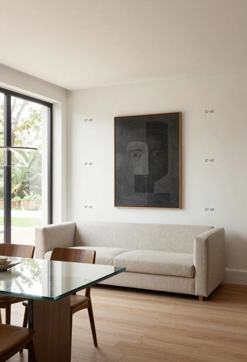 Wide shot, long sightline toward a bright window: Small space with grand feel—one statement hero (oversized art above a low, slim-armed sofa under 32 inches high with exposed legs), supporting pieces kept low-profile; a clear glass/acrylic dining table that visually disappears; a mirror placed opposite the window bouncing light; art centerlines hung consistently at 57–60 inches; unobstructed path to the window; tight palette of 3–4 hues with varied textures (linen, boucle, wood grain, matte metals); luminous natural light.