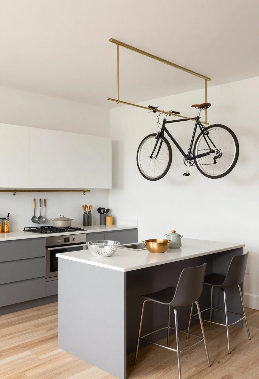 Wide shot, overhead angle: A small kitchen with ceiling-hung solutions—slim linear pot rail in brushed brass above a compact island, holding pans, colanders, and ladles with cohesive finishes for visual calm; along the adjacent hallway ceiling, a bike hoist system suspends a single-speed bicycle high enough for