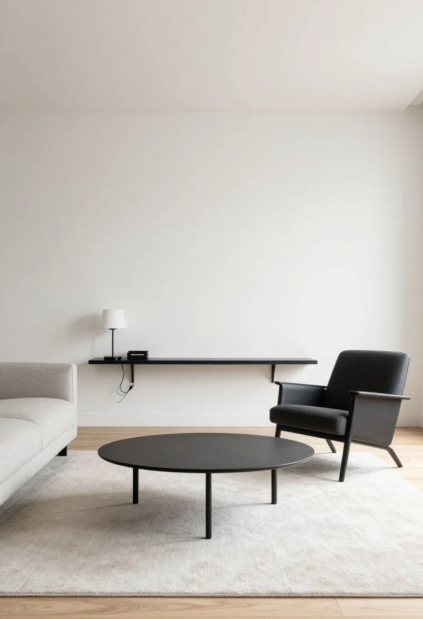 Wide shot, straight-on: A chic studio living area where the sofa is floated 8–12 inches off a white wall and anchored on a soft neutral rug; a slim, narrow console table behind the sofa hides cords and holds a small lamp and mail trays; an oval petite coffee table sits center to allow smooth circulation; a single lounge chair is angled about 15 degrees to soften a boxy room; clean, contemporary palette of white, light wood, and matte black accents; soft afternoon natural light, no people.