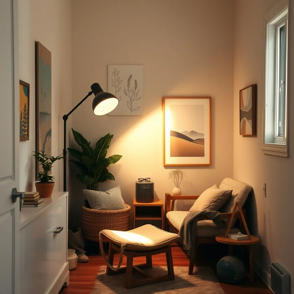 A bright focused beam from a directional floor lamp shines into a cramped corner of a petite