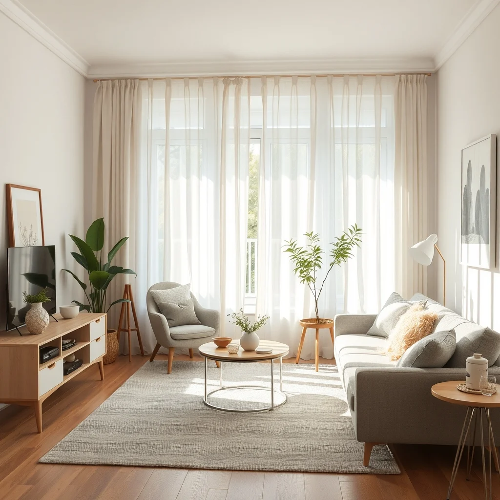 A bright north facing living room features airy linen sheer curtains diffusing soft daylight onto a light gray wool rug