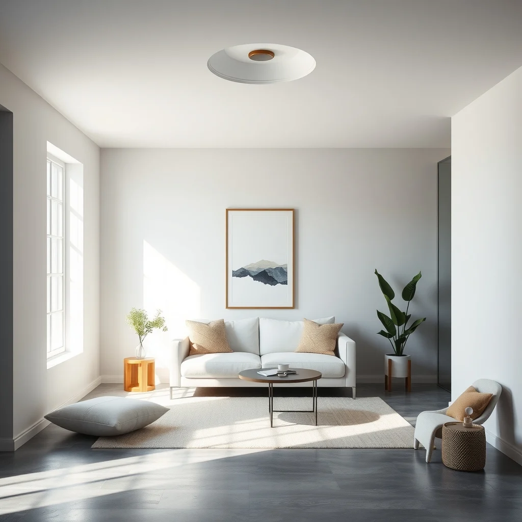 A compact minimalist living room with light gray walls a single recessed ceiling light casting harsh shadows low ceiling appearing darker sleek white sofa polished concrete floor and a subtle abstract wall print