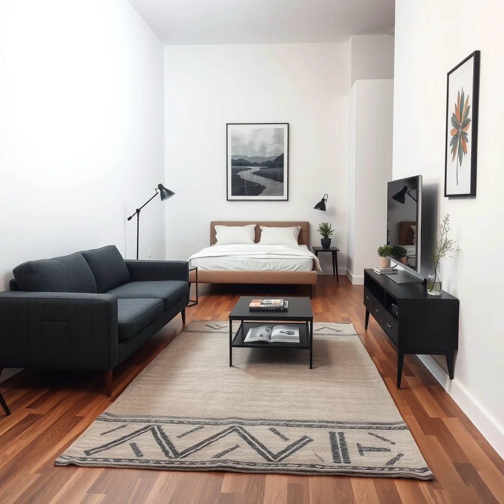 A compact studio view with a low-profile charcoal sofa facing a sleek black media console a folded rug defines a living zone while a minimalist platform bed sits beyond separated by the sofa line