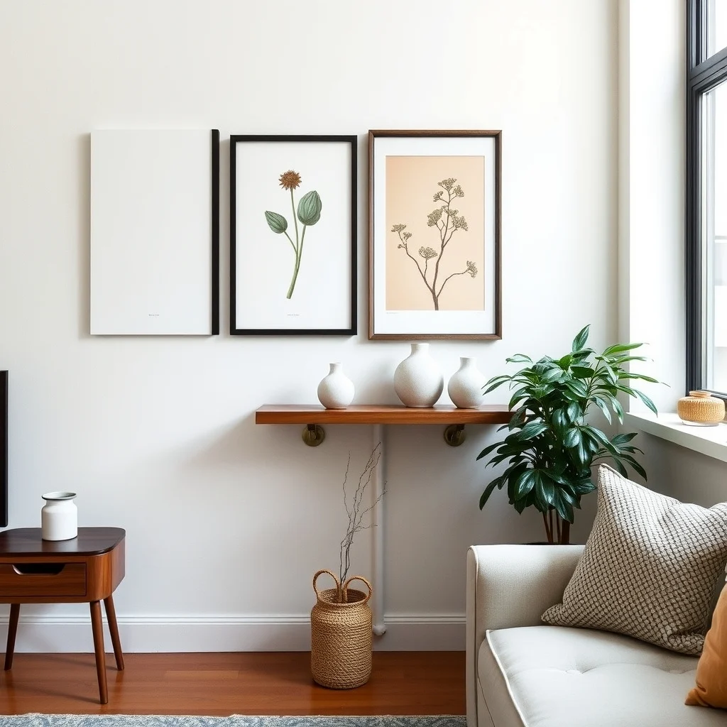A floating walnut shelf spans the pipe s length depth just enough for ceramic vases and framed botanical prints diffused natural light from a nearby window creates a calm organized vignette