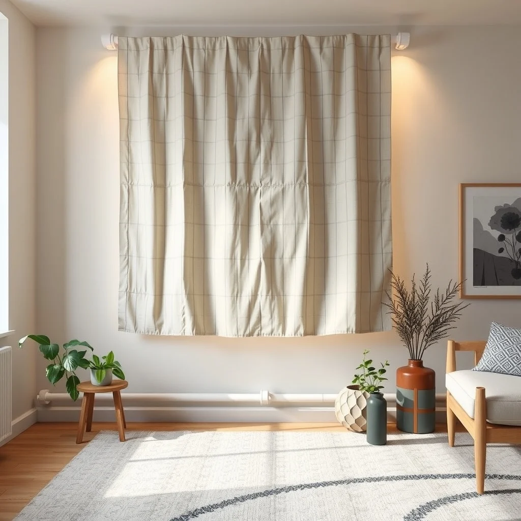 A large linen tapestry with muted geometric pattern drapes over the pipe anchoring the wall soft amber lighting from recessed LEDs adds texture turning the pipe into a subtle backdrop