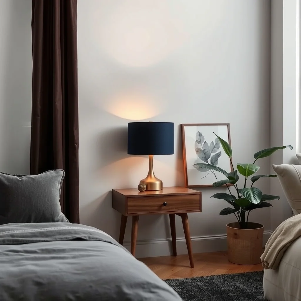 A mid century modern bedroom corner featuring a deep navy linen lampshade on a walnut side table muted natural light charcoal rug and a small botanical abstract canvas absorbing most of the bulb s glow