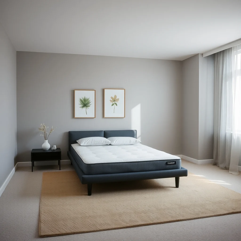 A minimalist studio bedroom mattress centered on low pile taupe rug soft gray walls floating space sleek black nightstand abstract botanical print above headboard natural daylight filtering through sheer curtains