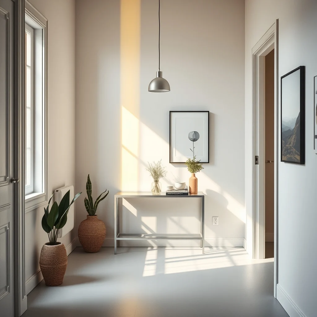A narrow hallway vignette shows a pendant lamp positioned just two inches from the plaster wall creating a bright vertical strip that fades into deep shadow emphasizing flatness light gray flooring and a slim silver console