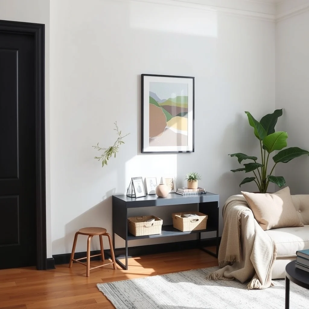 A narrow matte black console sits flush against the wall its built in channel concealing the pipe shallow