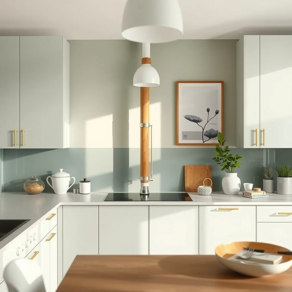 A sleek kitchen backsplash reveals a narrow wooden column wrapped around the exposed pipe painted soft sage to match cabinets warm pendant light casts gentle shadows highlighting the column s clean lines
