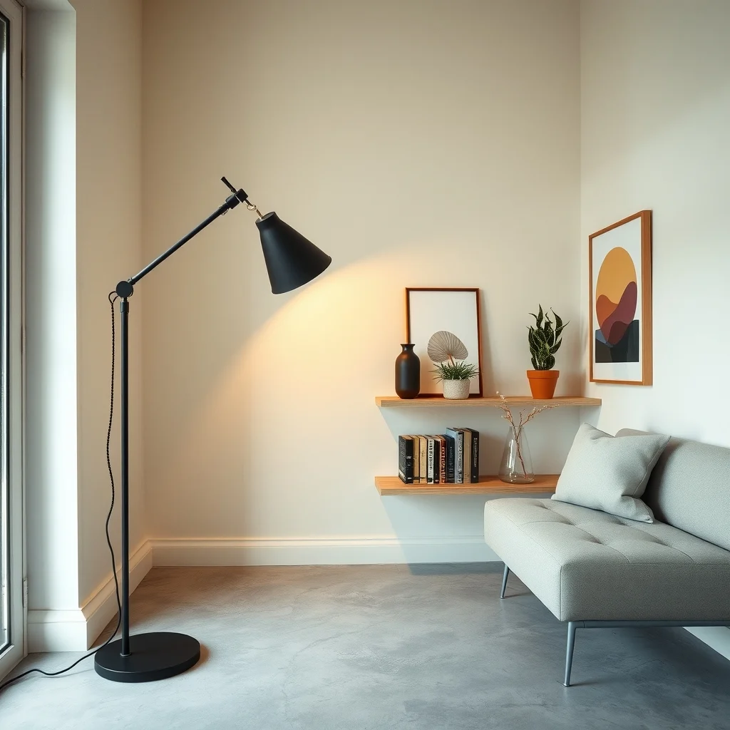 A sleek matte black floor lamp stands in the narrow corner its telescoping arm angled toward a floating bookshelf casting warm amber light over light gray concrete floor and a soft ivory wall