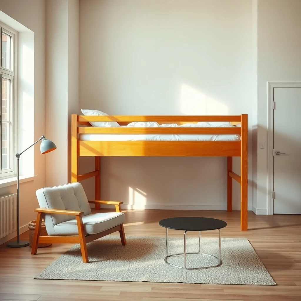 A solid oak loft platform bed raised two underneath a compact lounge chair and round glass coffee table warm amber lighting matte white walls minimal metal floor lamp clean lines