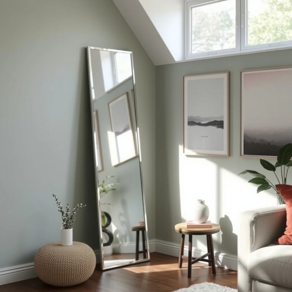 A tall narrow floor standing mirror with a polished chrome frame leans at a 45 angle catching daylight from a nearby window and bouncing it across a pale sage wall
