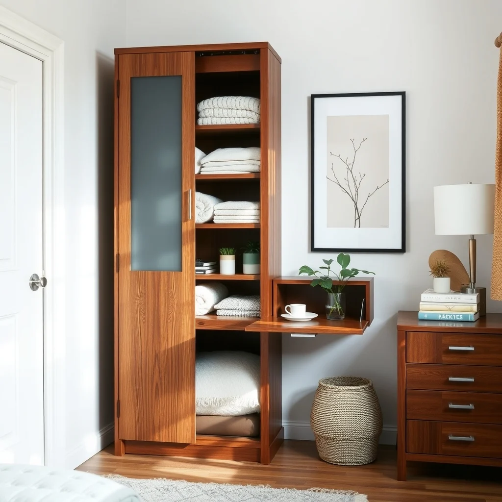 A tall narrow walnut wardrobe with sliding frosted doors stands against a white wall interior glass shelves hold folded blankets while a hidden pull out desk emerges showcasing multifunctional storage elegance