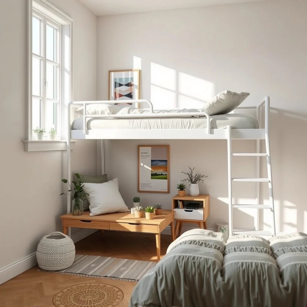 Airy lofted bed in powder coated white low oak platform beneath housing a compact desk soft linen bedding potted succulents on desk floor to ceiling windows casting gentle morning light
