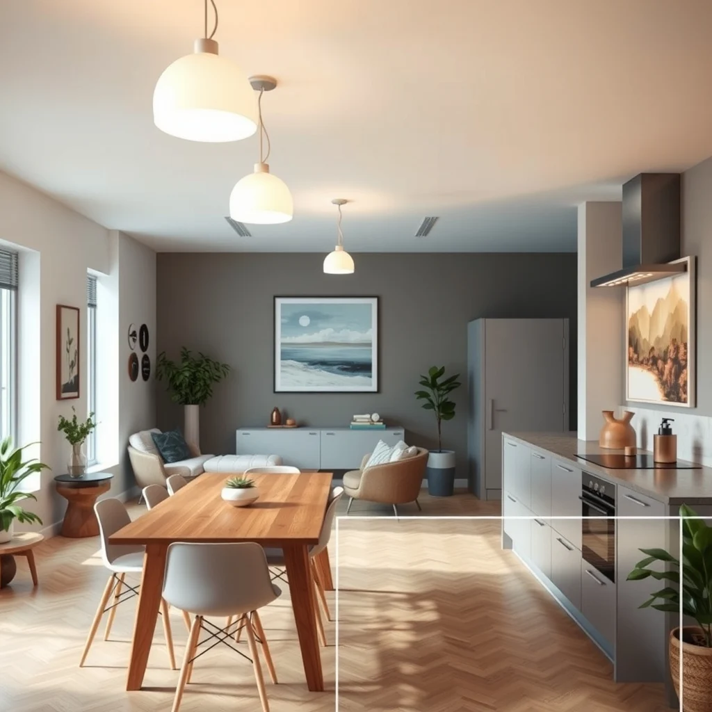 An open plan studio displays warm white pendant bulbs over a wooden dining table and cool daylight LEDs illuminating a sleek kitchen island causing a noticeable amber to blue shift across the abstract typography wall art