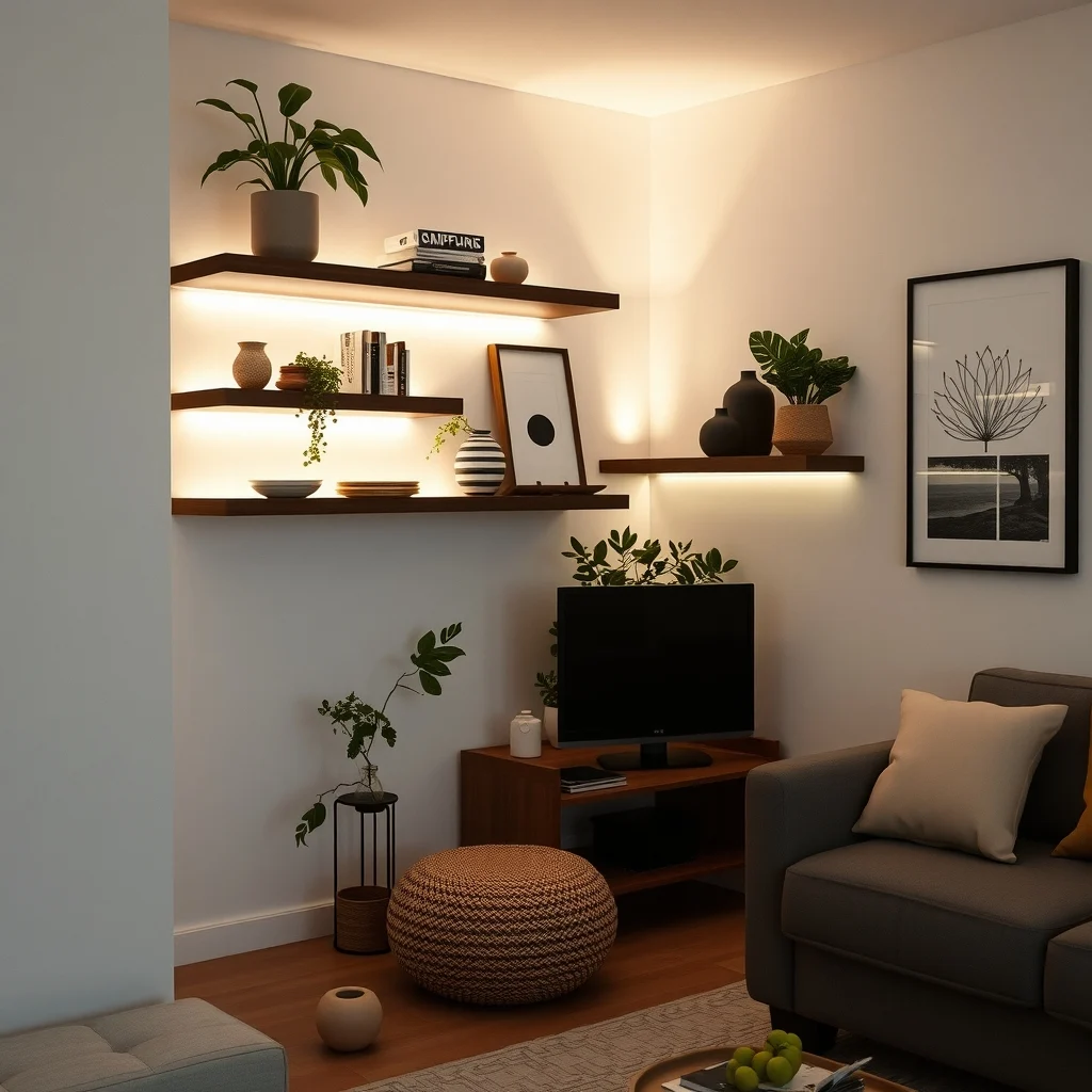 Apartment Lighting Ideas for Corners That Always Look Dark: 4. Incorporate layered LED strip lighting behind shelving - LED strips installed on the underside of floating shelves provide a subtle wash of light that lifts the darkness without being overtly bright. When the strips run along the back wall of the corner, they