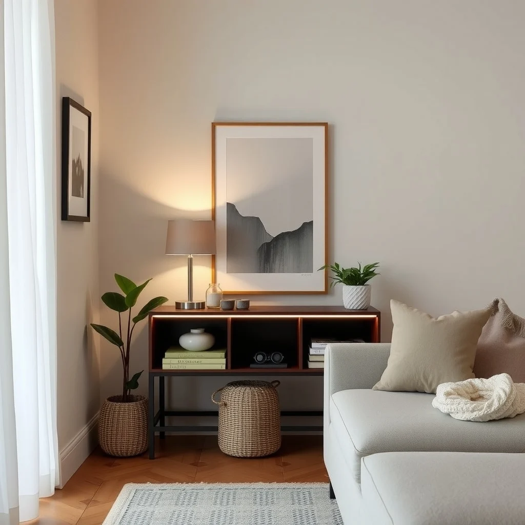 Apartment Lighting Ideas for Corners That Always Look Dark: 6. Use a low‑profile console table with integrated lighting - A sleek console table placed against the wall can serve both storage and illumination when it includes built‑in LED lights along the top edge. The table’s surface offers a place for a lamp, a vase,