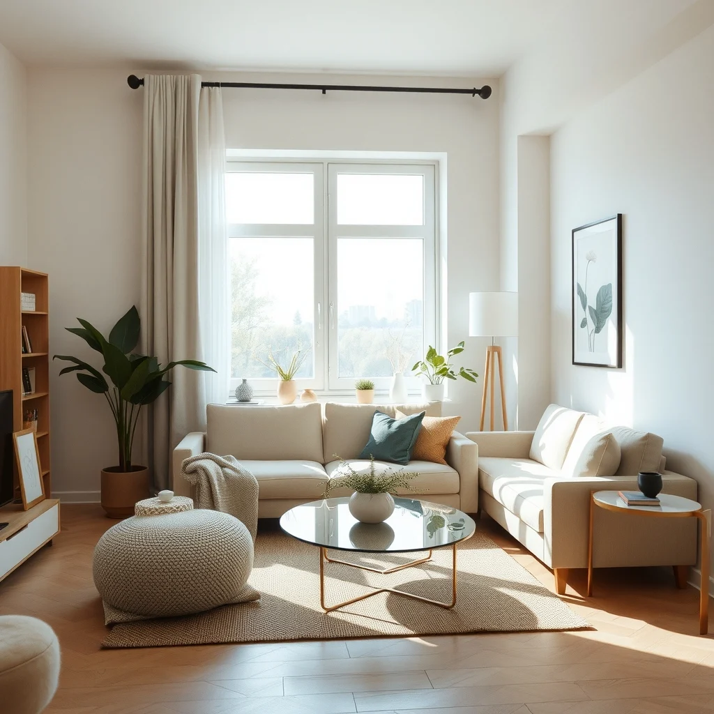 Apartment Lighting Ideas for Rooms With North-Facing Windows: 4. Arrange Furniture to Capture and Redirect Light - Placing a low, light‑colored sofa or a sleek glass coffee table close to the window encourages the incoming light to travel across the seating area. A reflective coffee table not only serves its functional purpose