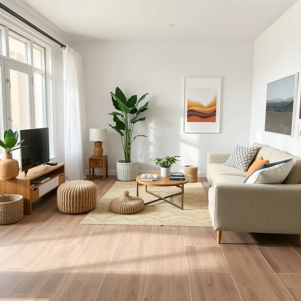 Apartment Upgrades That Look Permanent but Can Be Removed Later: 3. Interlocking Floor Tiles - Interlocking tiles in a matte limestone finish give a living room the look of a permanent hardwood floor while protecting the original surface beneath. The tiles snap together like a puzzle, covering any uneven patches