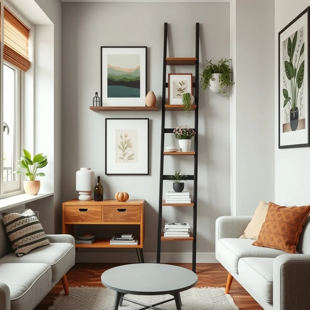 Apartment Wall Decor Ideas That Don't Require Drilling Holes interior: 5. Freestanding Ladder Shelves - A lean‑to ladder shelf made from reclaimed wood or powder‑coated metal can serve as both storage and a decorative backdrop. When positioned against a wall, the rungs provide ledges for potted plants, books, or small