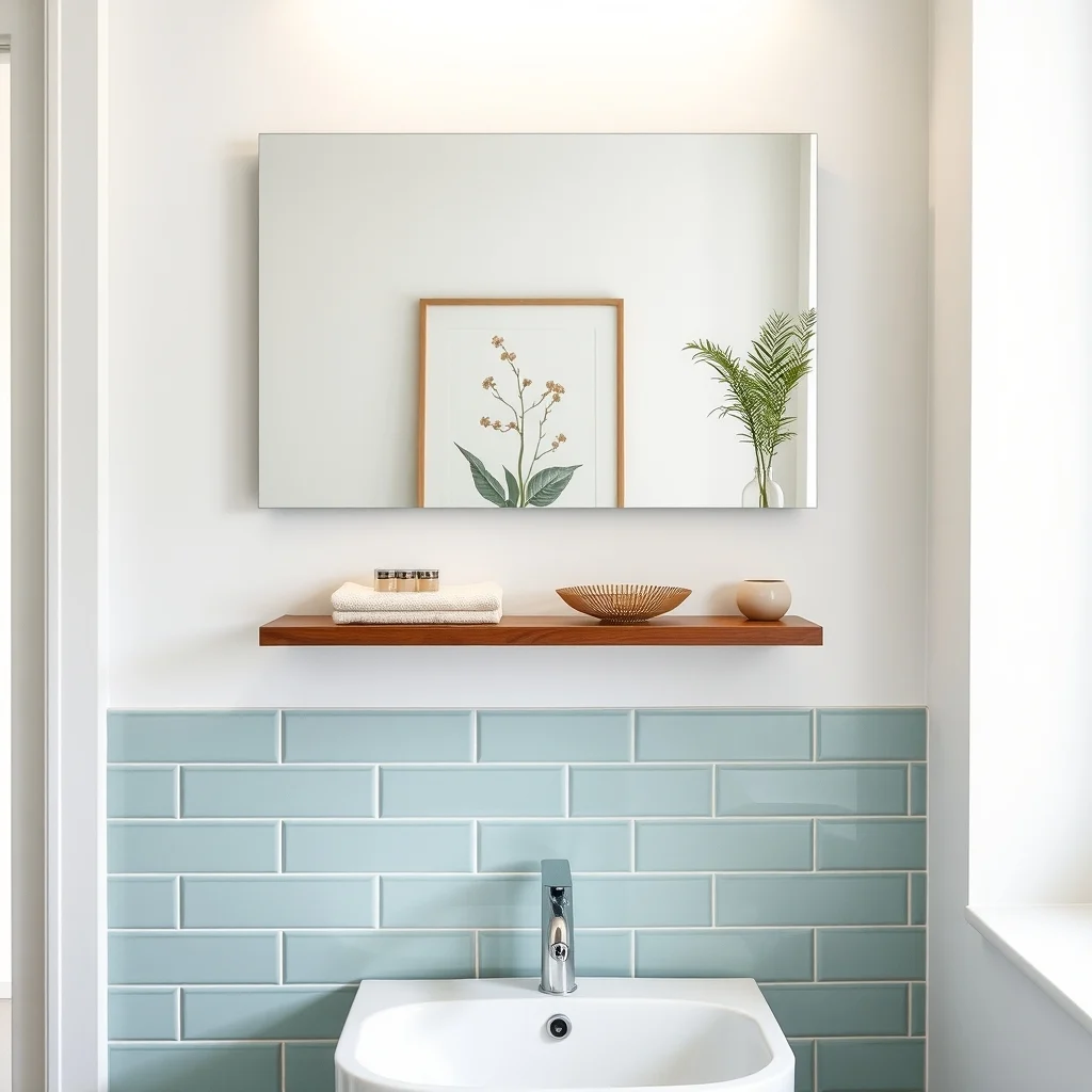 Bathroom wall with sleek frameless mirror narrow floating walnut shelf below shallow fabric lined box concealed chrome faucet reflecting soft teal tiles recessed lighting creates gentle halo subtle botanical watercolor behind mirror