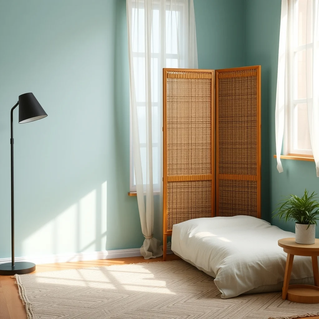 Boho bamboo folding screen with woven linen panels standing beside a low platform bed pastel teal walls matte black floor lamp light filtering through sheer curtain creating a secluded nook