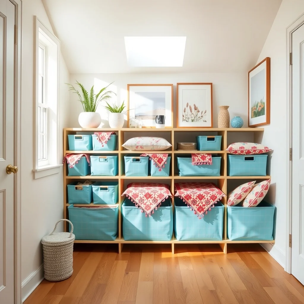 Boho chic hallway shelf lined with pastel blue stackable fabric bins clear acrylic lids revealing vibrant holiday table runners and patterned pillows natural pine flooring and diffused skylight create airy organized vibe