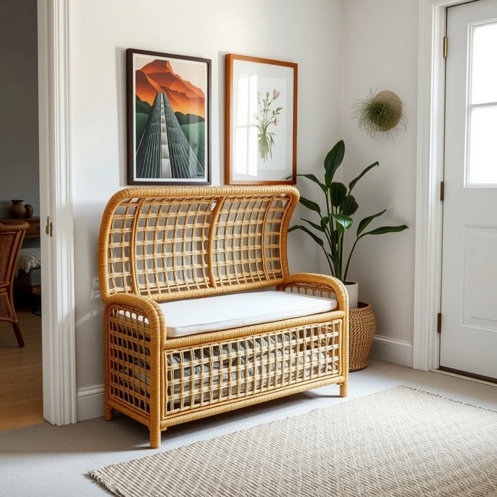 Boho chic hallway woven rattan bench with upholstered cream cushion hidden hinged lid exposing linen storage