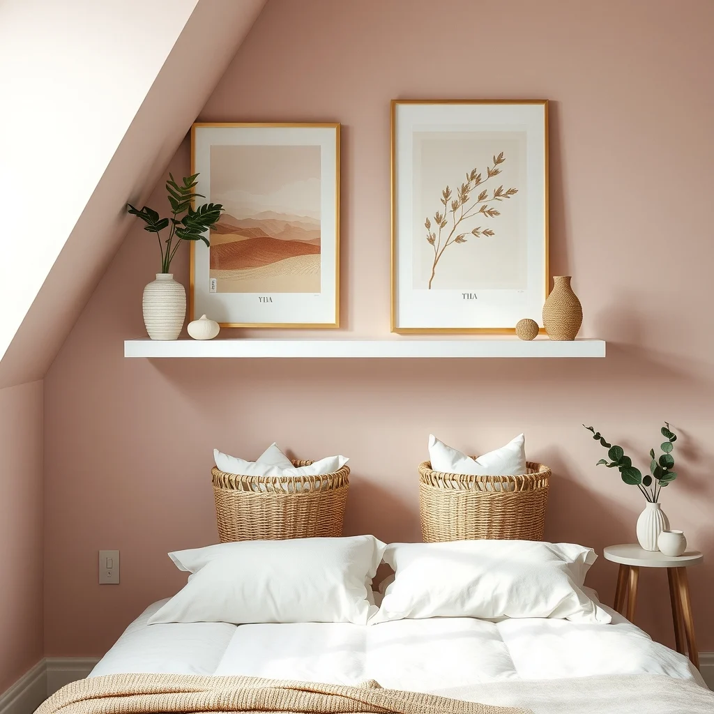 Boho chic loft bedroom with two white floating shelves at waist height natural rattan baskets hold rolled sheets soft diffused daylight pastel mauve walls adorned with abstract gold typography