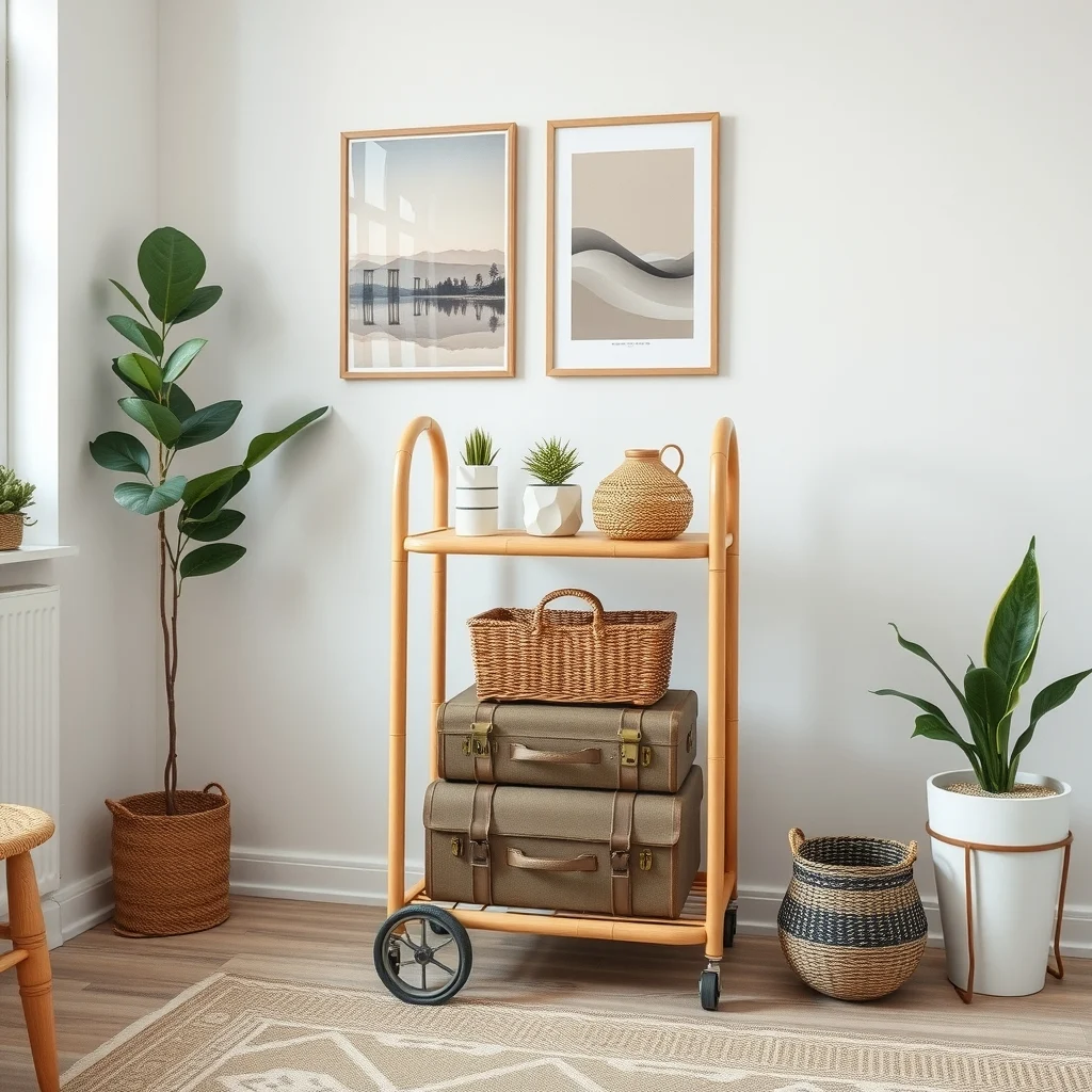 Boho chic studio three tier light bamboo rolling cart suitcase on bottom shelf woven rattan basket on