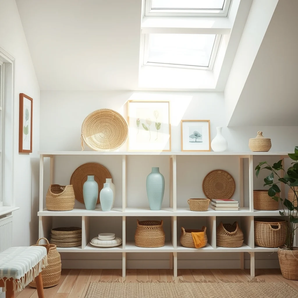 Boho inspired open shelving unit in whitewashed pine interspersed with woven seagrass baskets of varying sizes pastel ceramic vases soft natural light from skylight abstract botanical print behind